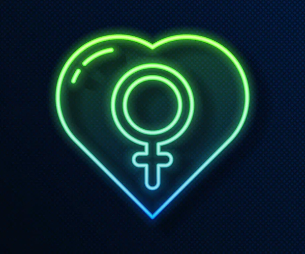 Светящаяся неоновая линия Женский пол в иконке сердца изолирован на синем фоне. Символ Венеры. Символ женского организма или женщины. Векторная миграция — стоковый вектор