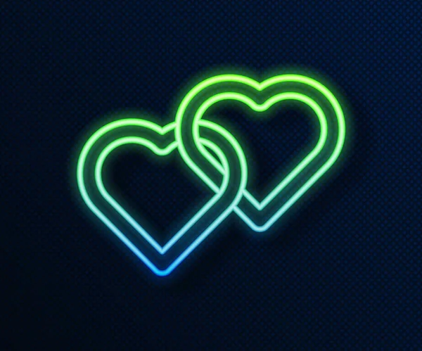 Glowing neon line Two Linked Hearts icon isolated on blue background. Romantic symbol linked, join, passion and wedding. Happy Women Day. Vector Illustration — Stock Vector