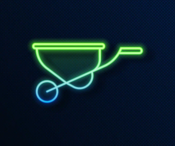 Brillante línea de neón Wheelbarrow icono aislado sobre fondo azul. Equipo de herramientas. Agricultura carro rueda granja. Ilustración vectorial — Archivo Imágenes Vectoriales