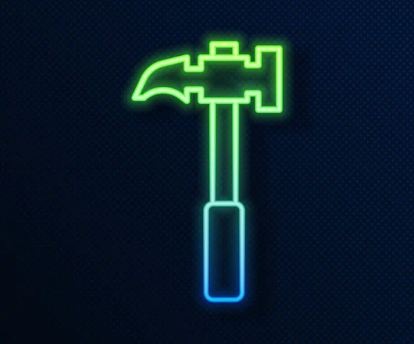 Linea al neon incandescente icona del martello artiglio isolato su sfondo blu. Martello falegname. Strumento per la riparazione. Illustrazione vettoriale — Vettoriale Stock