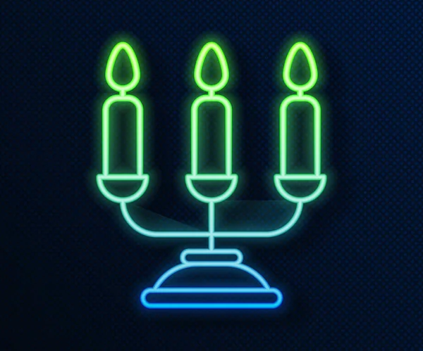 Glödande neon linje Candelabrum med tre ljusstakar ikon isolerad på blå bakgrund. Vektor Illustration — Stock vektor