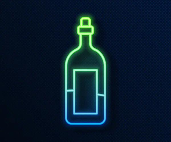 Leuchtende Leuchtschrift Flasche Wein Symbol isoliert auf blauem Hintergrund. Vektorillustration — Stockvektor