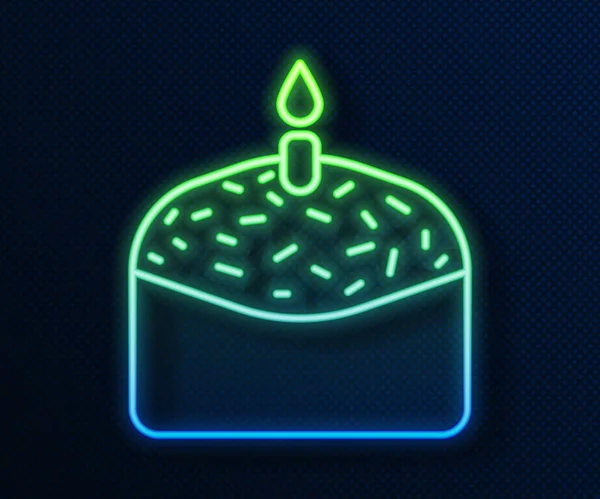 ネオンラインを輝くイースターケーキとキャンドルアイコンは青の背景に隔離されています。ハッピーイースター。ベクターイラスト — ストックベクタ