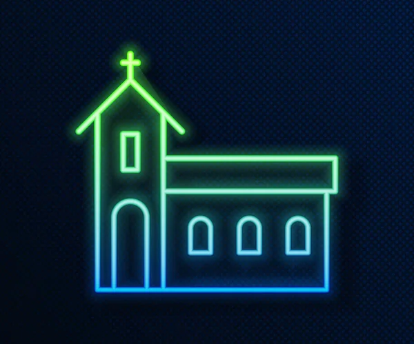 Leuchtende Leuchtschrift Kirche Gebäude Ikone isoliert auf blauem Hintergrund. Christliche Kirche. Religion der Kirche. Vektorillustration — Stockvektor