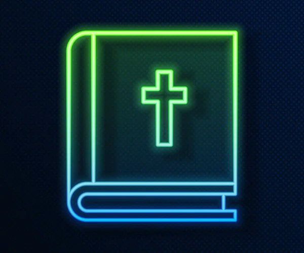 Gloeiende neon lijn Heilige bijbel boek icoon geïsoleerd op blauwe achtergrond. Vector Illustratie — Stockvector