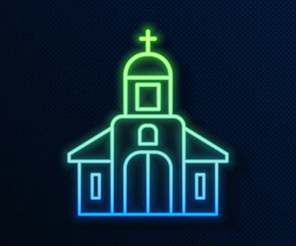 Linha de néon brilhante Ícone de construção da igreja isolado no fundo azul. Igreja Cristã. Religião da igreja. Ilustração vetorial — Vetor de Stock