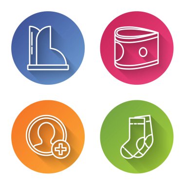 Su geçirmez lastik bot, kağıt para yığını hesap ekranı ve çorap oluşturun. Renkli daire düğmesi. Vektör