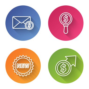 Zarfta bozuk para doları, büyüteç ve dolar, Yeni ve Finansal büyüme ve madeni para etiketi. Renkli daire düğmesi. Vektör