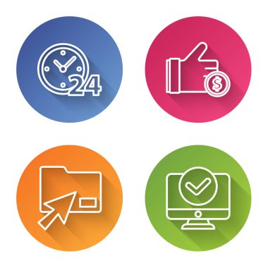 Clock satırını 24 saat, Hand holding coin, İmleç tıklaması belge dizini ve Bilgisayar monitörünü ayarla. Renkli daire düğmesi. Vektör