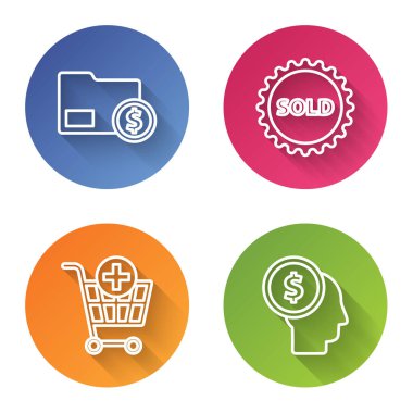 Zarfta bozuk para, etiket satışı, alışveriş arabasına ekleme ve iş adamı zihni. Renkli daire düğmesi. Vektör