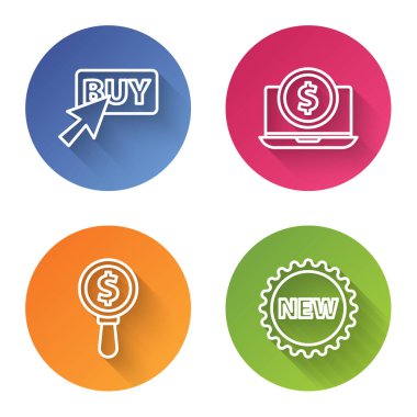 Satın alma düğmesi, dolarlı dizüstü bilgisayar, büyüteç ve dolar ve yeni fiyatlı etiket. Renkli daire düğmesi. Vektör