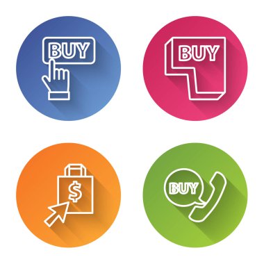 Satın al düğmesi, satın al düğmesi, Shoping çantası ve dolar ve Buy ile telefon ve konuşma balonu. Renkli daire düğmesi. Vektör