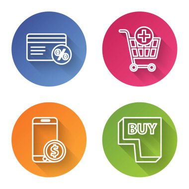 İndirim kartını yüzde ile ayarla, alışveriş sepetine ekle, dolarlı akıllı telefon ve satın alma düğmesine ekle. Renkli daire düğmesi. Vektör