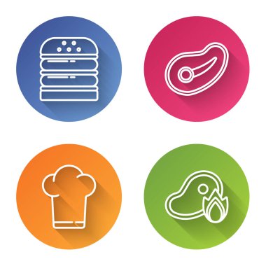 Sabit hat Burger, Biftek eti, Şef şapkası ve ızgara biftek eti ve ateş alevi. Renkli daire düğmesi. Vektör