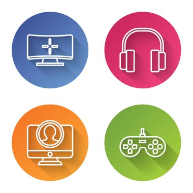 Satır bilgisayar monitörü, kulaklıklar, hesap ekranı ve oyun alanı oluştur. Renkli daire düğmesi. Vektör
