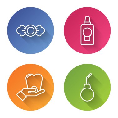 Sıra Candy, ağız gargargarası plastik şişe, diş ve armut. Renkli daire düğmesi. Vektör