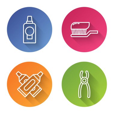 Ağız gargarası plastik şişesi diş fırçası diş macunu, çapraz diş macunu tüpü ve diş pensesi. Renkli daire düğmesi. Vektör