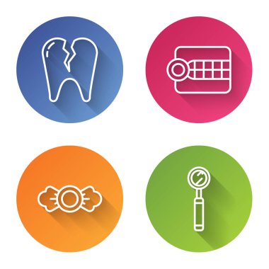Kırık diş, takma diş modeli, Şeker ve Diş Denetleme aynası. Renkli daire düğmesi. Vektör