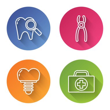 Dişçi araması, diş pensesi, diş implantı ve ilk yardım çantasını ayarla. Renkli daire düğmesi. Vektör