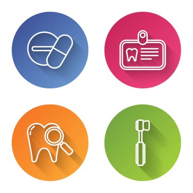 İlaç hapı ya da tablet, dişli kimlik kartı, diş fırçası ve diş fırçası. Renkli daire düğmesi. Vektör