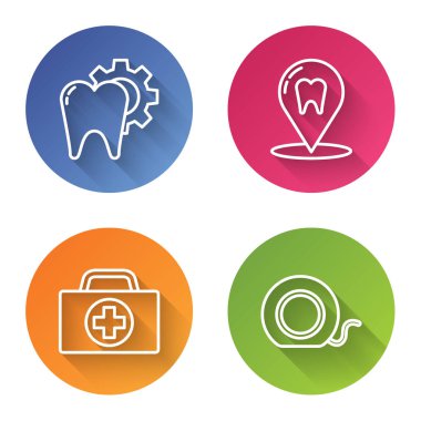 Diş tedavisi prosedürünü, diş kliniğinin yerini, ilk yardım çantasını ve diş ipini ayarla. Renkli daire düğmesi. Vektör