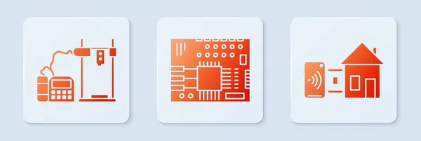 Conjunto de placa de circuito impreso PCB, impresora 3D y hogar inteligente. Botón cuadrado blanco. Vector — Archivo Imágenes Vectoriales