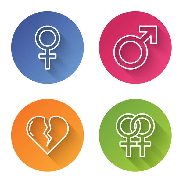 Set line Ženský symbol pohlaví, mužský symbol pohlaví, zlomené srdce nebo rozvod a ženský symbol pohlaví. Tlačítko barevného kruhu. Vektor — Stockový vektor