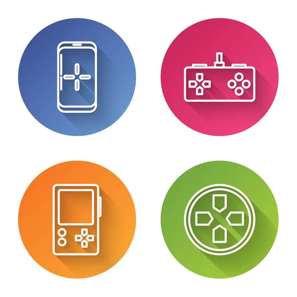 Définir la ligne Smartphone et jouer dans le jeu, Gamepad, console de jeu vidéo portable et Gamepad. Bouton couleur cercle. Vecteur — Image vectorielle
