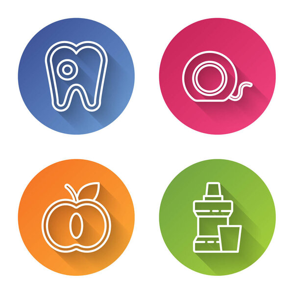 Set line Tooth with caries, Dental floss, Apple and Mouthwash plastic bottle. Color circle button. Vector