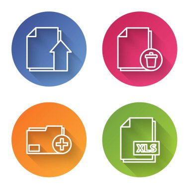 Satır Gönderme dosya belgesini ayarla, dosya belgesini sil, yeni dizin ve XLS dosya belgesi ekle. Renkli daire düğmesi. Vektör