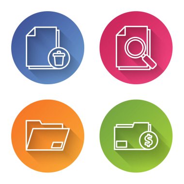 Satır Silme dosya belgesini, arama, belge dizini ve Finans belge dizinini içeren belgeyi ayarla. Renkli daire düğmesi. Vektör