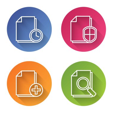 Satır Belgesini saat, Belge koruma kavramı ile ayarla, Yeni dosya ve Arama ile Belge Ekle. Renkli daire düğmesi. Vektör