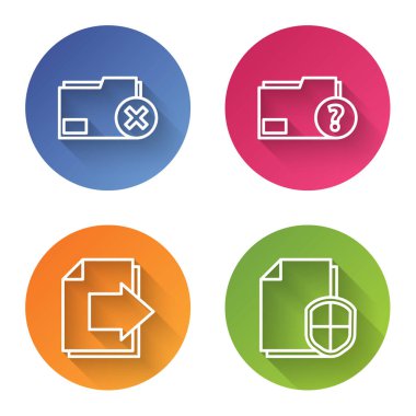 Satır Silme dizini, Bilinmeyen belge dizini, Sonraki sayfa oku ve Belge Koruma kavramını ayarla. Renkli daire düğmesi. Vektör