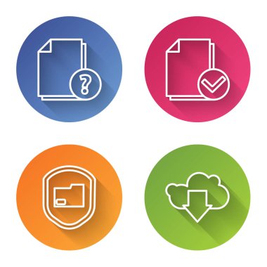 Satır Bilinmeyen belge, Belge ve onay işareti, Belge klasörü koruması ve Bulut indirmesini ayarla. Renkli daire düğmesi. Vektör