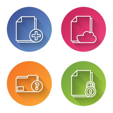 Satır Ekle Yeni dosya, Bulut depolama metin belgesi, Bilinmeyen belge dizini ve Belge ve kilit ekle. Renkli daire düğmesi. Vektör