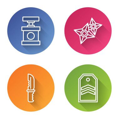 Dinamit, Japon ninja shuriken, askeri bıçak ve Chevron için fünye ayarlayın. Renkli daire düğmesi. Vektör