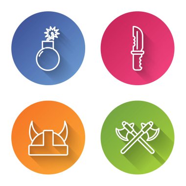 Hattı patlamaya hazır hale getirin, askeri bıçak, boynuzlu miğferli Viking ve orta çağ baltaları. Renkli daire düğmesi. Vektör