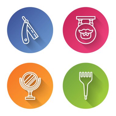 Düz çizgi, berber dükkanı, yuvarlak makyaj aynası ve saç fırçası. Renkli daire düğmesi. Vektör