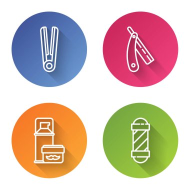 Saç maşası, jilet, tıraş köpüğü ve klasik berber dükkânı direği. Renkli daire düğmesi. Vektör