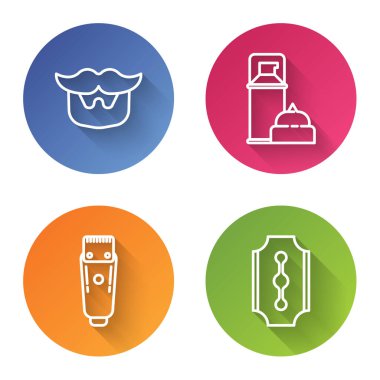 Bıyık ve sakal, tıraş jeli köpüğü, elektrikli saç makası, traş makinesi ve jilet. Renkli daire düğmesi. Vektör