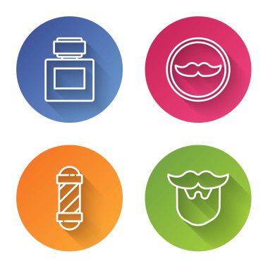 Tıraş losyonu, bıyık, klasik berber dükkanı direği, bıyık ve sakal. Renkli daire düğmesi. Vektör