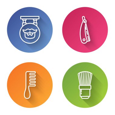 Berber dükkanı, ustura, saç fırçası ve tıraş fırçası. Renkli daire düğmesi. Vektör