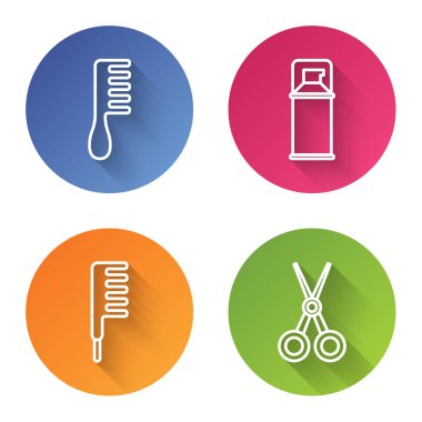 Saç fırçası, tıraş köpüğü, saç fırçası ve makas kuaförü. Renkli daire düğmesi. Vektör