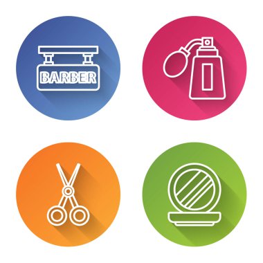 Berber dükkanı, atomla tıraş losyonu şişesi, makas kuaförü ve aynalı makyaj tozu. Renkli daire düğmesi. Vektör