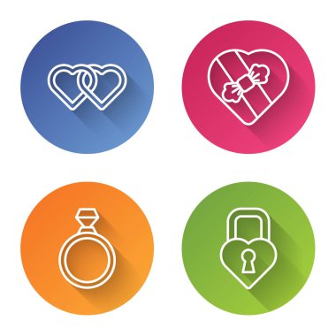 İkinci Hat Bağlı Kalpler, Kalp şeklinde Şeker Kristal Nişan Yüzüğü ve Kalp şeklinde Kale. Renkli daire düğmesi. Vektör
