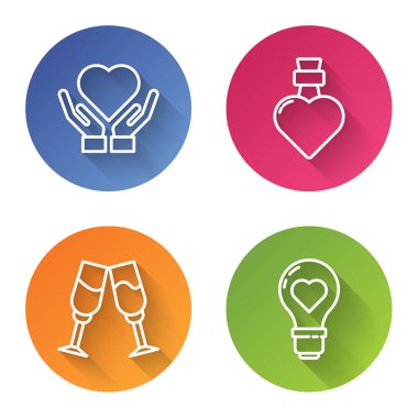 Sabit bir çizgi, aşk iksiri şişesi, bir kadeh şampanya ve ampul şeklinde bir kalp. Renkli daire düğmesi. Vektör