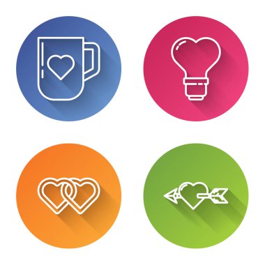 Hat, kahve fincanı ve kalp, ampul şeklinde kalp, kalp ve okla birbirine bağlı iki kalp ve aşk. Renkli daire düğmesi. Vektör