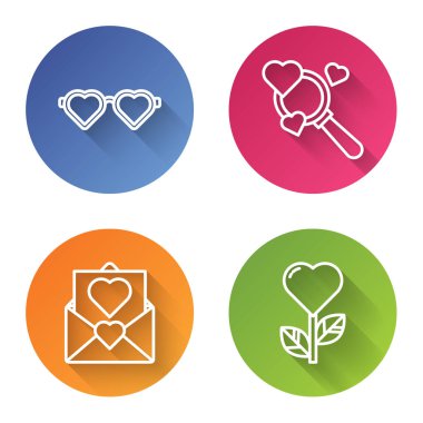 Kalp şeklinde aşk gözlükleri, arama kalbi ve aşk, Sevgililer Günü kalp ve kalp şeklinde bir zarf. Renkli daire düğmesi. Vektör