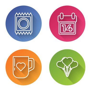 Pakette kondom, 14 Şubat takvimi kahve fincanı, kalp ve kalp şeklinde balon. Renkli daire düğmesi. Vektör