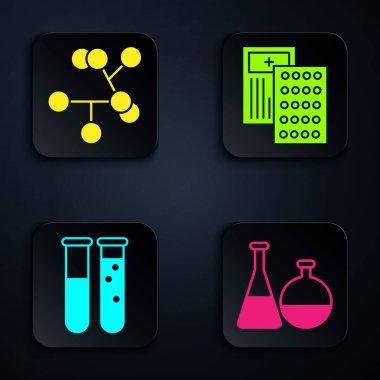 Test tüpünü ve matara kimya laboratuvarını, molekülü, deney tüpünü ve şişme kimya laboratuvarını ve hapları su toplayan paketlere koyun. Siyah kare düğme. Vektör